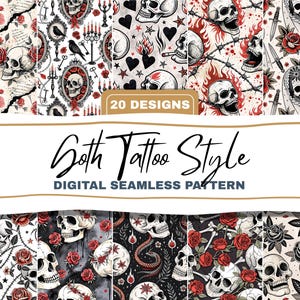 Puede incluir: Una colección de patrones digitales sin costuras de estilo tatuaje gótico. Los diseños presentan calaveras, rosas, dagas y otros elementos góticos en un patrón repetitivo. También se ve el texto "20 Designs" y "Goth Tattoo Style DIGITAL SEAMLESS PATTERN".
