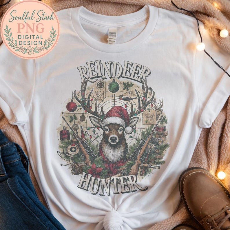 May include: White t-shirt featuring a detailed graphic of a reindeer wearing a Santa hat, antlers adorned with Christmas lights, and crossed rifles. The text "REINDEER HUNTER" is displayed above and below the reindeer illustration.