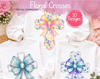 Coquette Floral Crosses Bows Watercolor PNG Bundle Christian Faith Designs Digital Download