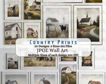 Bauernhaus-Wandkunst, JPEG-Bundle, digitaler Download-Dekor, Landscheune, rustikales Clipart-Set, kommerzielle Nutzung, Bauernhofwandkunst-Sets, Vintage