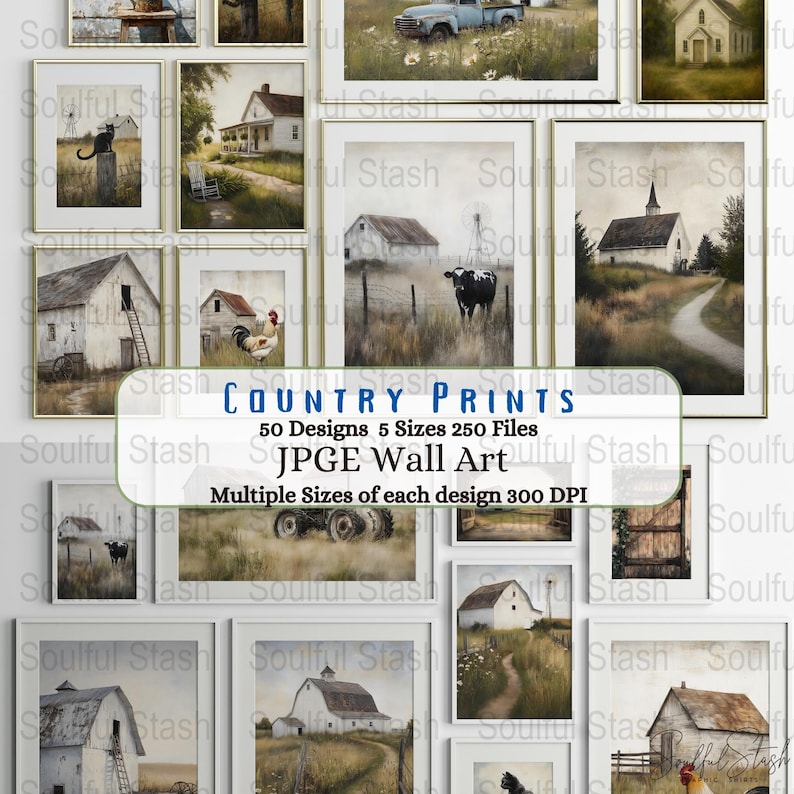Rustic Country Wall Art Prints, Vintage Farmhouse Decor, Digital Download, Set of 50 JPEG Files, Multiple Sizes