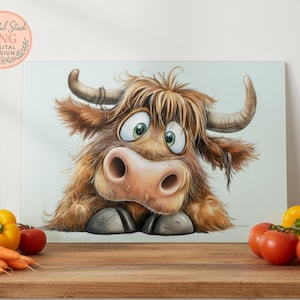 May include: A cartoon illustration of a Highland cow with a shaggy brown coat and large, green eyes. The cow is set against a light blue backdrop. The image includes the text "Soulful Stash PNG Digital Design" in the upper left corner.