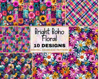 May include: A collection of ten digital seamless patterns with a bright boho floral theme. The designs feature vibrant flowers, sunflowers, and plaid patterns in shades of pink, purple, yellow, and teal. The text "Bright Boho Floral" and "10 Designs" is displayed.