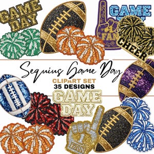 Pode incluir: Uma coleção de designs de clipart de dia de jogo com lantejoulas. Inclui bolas de futebol americano, pompons, mãos de espuma e texto que diz "Game Day", "Cheer" e "#1 Fan". O conjunto de clipart contém 35 designs.