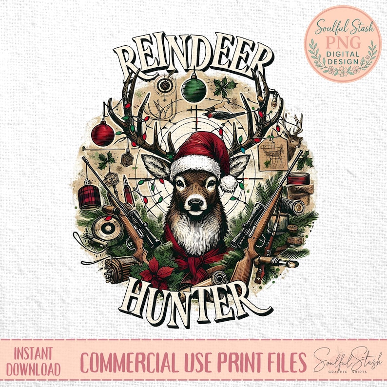 Funny Santa Reindeer Hunter Christmas Shirt Graphic (PNG Download) image 2