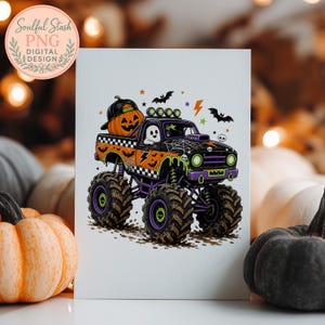 A Halloween-themed illustration of a monster truck with a jack-o-lantern on the hood, surrounded by bats and other Halloween decorations.