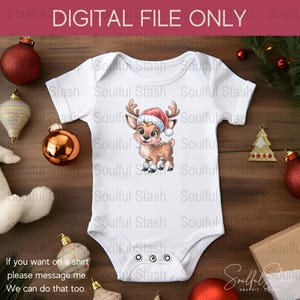 Cute Christmas Deer with Santa Hat PNG, Kids Christmas Sublimation Digital Download, Adorable Watercolor Reindeer Clipart for Shirt DTF