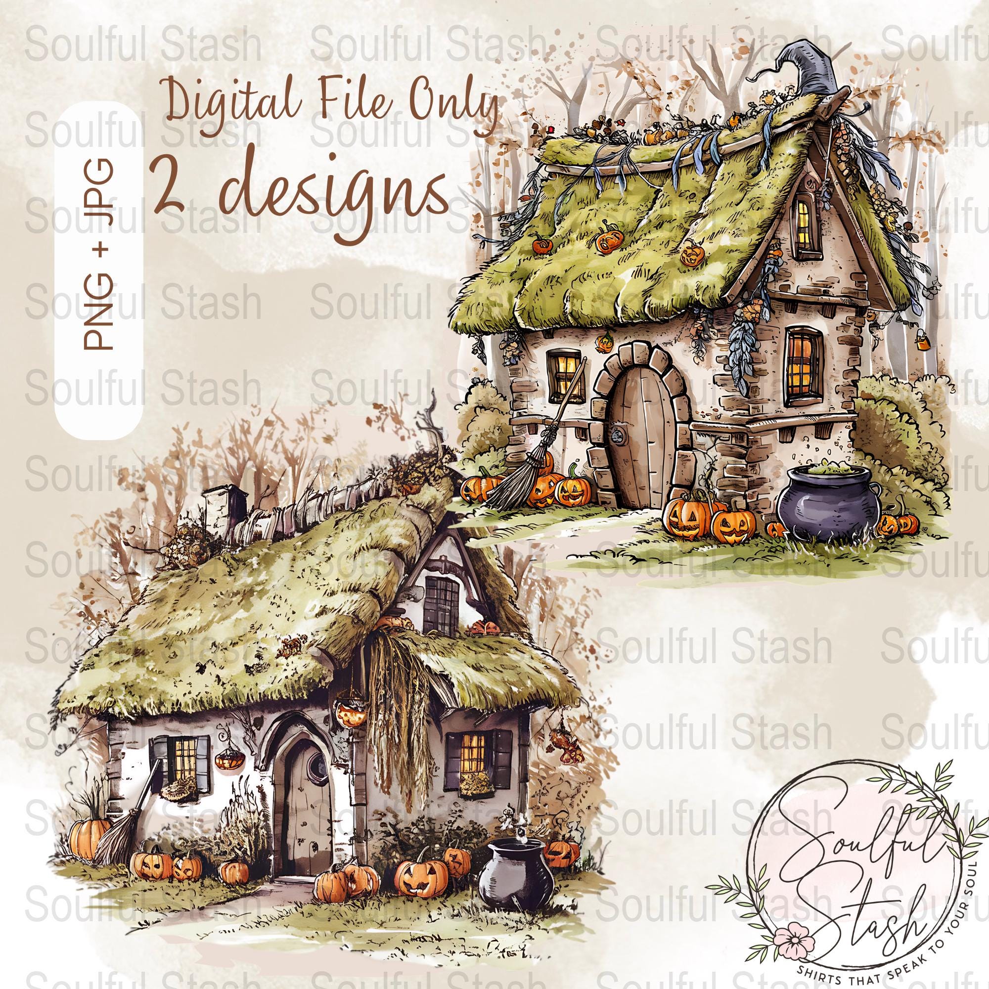 Halloween Witch Cottage Art, Spooky House Illustration, Halloween Home Decor, Sublimation PNG, Download Only, Cottage Core Art