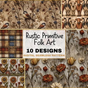 Pode incluir: Uma colagem de designs de arte popular rústica. A imagem apresenta vários padrões, incluindo pássaros em galhos, xadrez, vacas, flores e galinhas. O texto diz "Rustic Primitive Folk Art, 10 Designs, Digital Seamless Pattern."