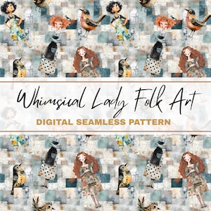 Whimsical Folk Art Women and Birds Seamless Pattern , Pattern Print,  Folk Mixed Media Collage Paper, Collage Background, Digital Paper