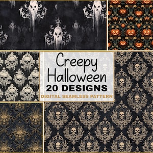May include: A collection of digital seamless patterns with a Halloween theme. The designs feature skulls, pumpkins, and ornate damask patterns in dark and gold colors. The text reads "Creepy Halloween 20 Designs Digital Seamless Pattern."