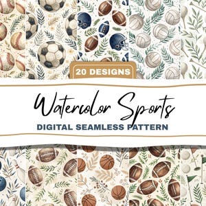 Puede incluir: Patrones digitales sin costuras con temática deportiva en acuarela, con pelotas de béisbol, fútbol, voleibol, golf y bolos. Los patrones están sobre un fondo neutro con acentos de hojas. El texto dice "Watercolor Sports DIGITAL SEAMLESS PATTERN".