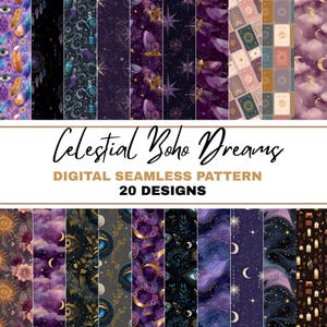 May include: A collection of 20 digital seamless patterns with a celestial and bohemian theme. The patterns feature designs with moons, stars, eyes, crystals, and tarot cards in shades of purple, blue, and gold. The text "Celestial Boho Dreams" is displayed.