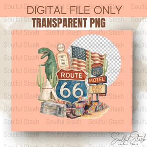 Route 66 Digital Print, Vintage Diner and Motel, Classic Car, American Flag Wall Art, Retro Road Trip Decor