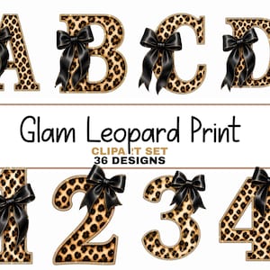 Glamoröst leopardmönster alfabet clipartpaket svarta satinrosetter inkluderar A-Ö och siffror PNG digital nedladdning