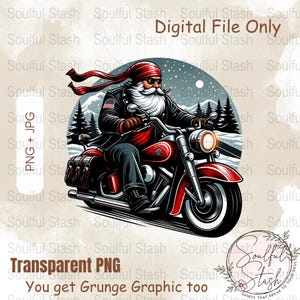 Unique Père Noël sur moto PNG, art numérique Noël motard père Noël, impression en sublimation festif père Noël équitation vélo, cadeau motard amateur