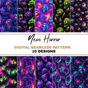 May include: A digital seamless pattern featuring ten neon horror designs. The patterns showcase skulls, flames, and other spooky elements in vibrant neon colors, including green, purple, and blue. The text "Neon Horror" and "Digital Seamless Pattern - 10 Designs" is displayed.