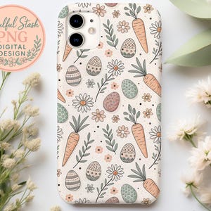 a phone case with a floral pattern, including Easter eggs, carrots, and flowers, as well as some greenery and white flowers.
