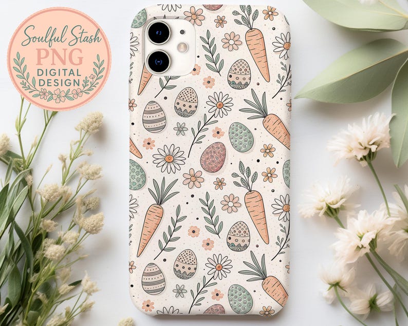 a phone case with a floral pattern, including Easter eggs, carrots, and flowers, as well as some greenery and white flowers.