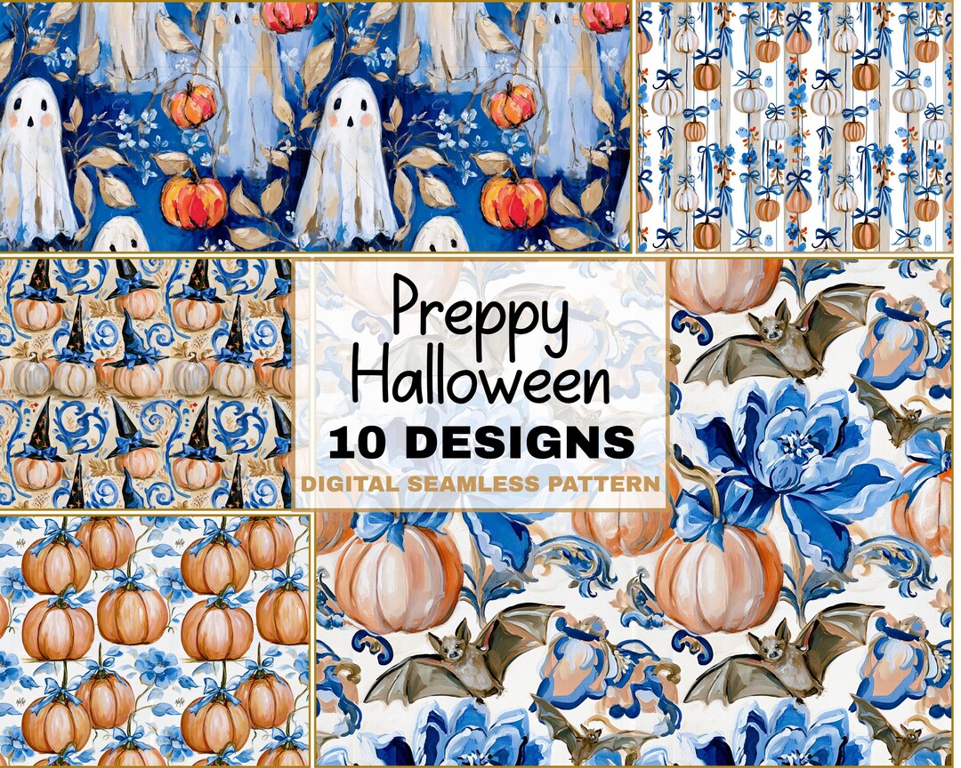 Preppy Coquette Halloween Seamless Pattern Bundle Blue Florals ...