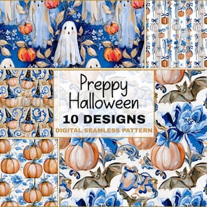 May include: A collection of digital seamless patterns with a preppy Halloween theme. Designs include ghosts, pumpkins, bats, and floral elements in shades of blue, orange, and white. The text "Preppy Halloween 10 Designs Digital Seamless Pattern" is displayed.