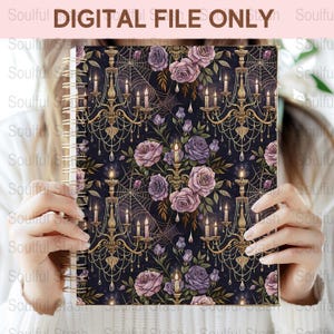 Vintage Floral and Chandelier Notebook, Elegant Purple Roses Journal, Digital File Only