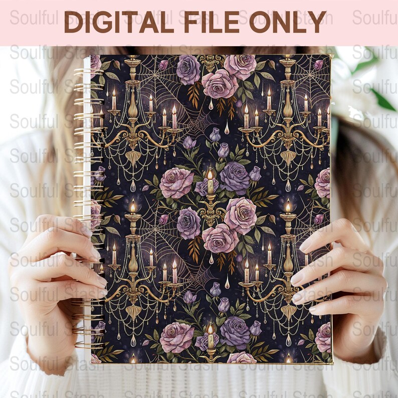 Vintage Floral and Chandelier Notebook, Elegant Purple Roses Journal, Digital File Only