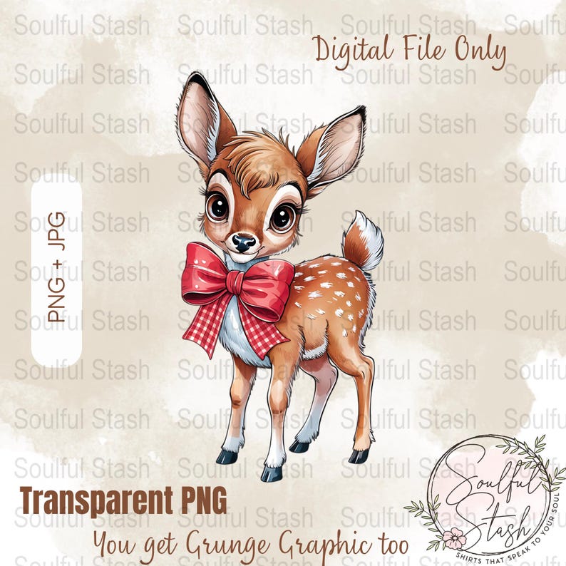 Cute Baby Deer With Red Bow Digital Download, Animal Illustration PNG