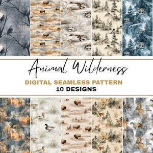 Puede incluir: Una colección de patrones digitales sin costuras con temática de fauna salvaje. Los patrones presentan varios animales salvajes, como búhos, bisontes, mapaches, osos, ciervos y patos, sobre fondos naturales. Se muestra el texto "Animal Wilderness" y "Digital Seamless Pattern 10 Designs".