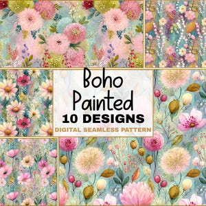 May include: A collection of ten digital seamless patterns with a boho painted floral design. The patterns feature watercolor flowers in shades of pink, yellow, and blue. The text "Boho Painted 10 Designs Digital Seamless Pattern" is displayed.