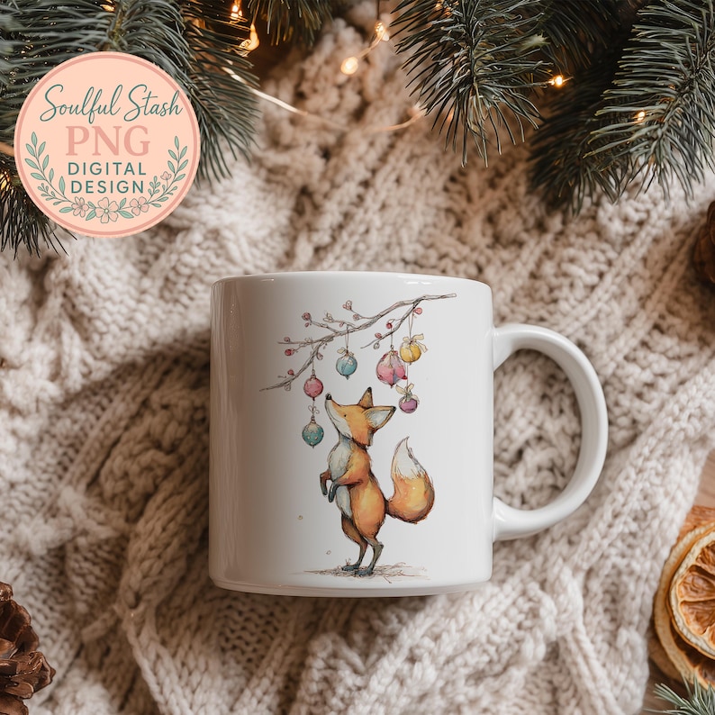 A white mug with a whimsical illustration of a fox standing on its hind legs and holding a branch with ornaments on it, surrounded by pine branches and twinkling lights.