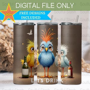 ¡A beber!, Vaso delgado de 20 oz con diseño de pájaros, Envoltorio para vasos con diseño de pájaros, Diseños de sublimación, Descarga digital PNG, Idea de regalo para amantes del vino