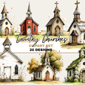 May include: A watercolour clipart set of 20 country church designs. The churches are in various styles and colours, including red, white, and brown. Each church has a cross and is set against a backdrop of fields and skies.