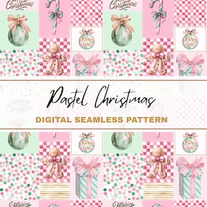 Könnte beinhalten: Ein digitales nahtloses Muster mit einem pastellfarbenen Weihnachtsthema. Das Design zeigt sich wiederholende Quadrate mit Weihnachtsschmuck, Lebkuchenmännern, Geschenkboxen und Zuckerstangen in Rosa-, Grün- und Weißtönen. Der Text "Pastel Christmas" wird angezeigt.
