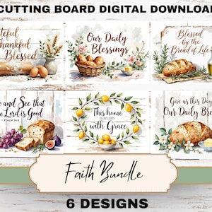 Christian Kitchen Cutting Board Bundle | 7 Watercolor Faith Designs for Farmhouse Décor | Inspirational Scripture & Baking Art PNG Set