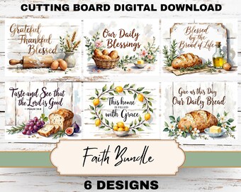 Christian Kitchen Cutting Board Bundle | 7 Watercolor Faith Designs for Farmhouse Décor | Inspirational Scripture & Baking Art PNG Set