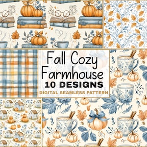 May include: A digital seamless pattern design featuring fall-themed illustrations. The design includes pumpkins, books, cups of coffee, and leaves in shades of orange, blue, and cream. The text "Fall Cozy Farmhouse 10 Designs" is also present.
