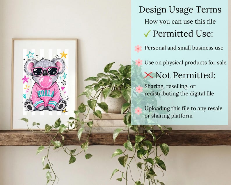 a framed illustration of a koala wearing sunglasses, placed on a shelf next to a potted plant.
