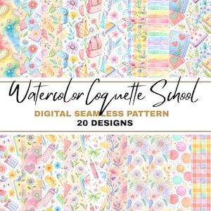 Akvarell flickaktigt tillbaka till skolan kokett bågar sömlös bunt, preppy mönster, rosettmönster PNG, lärarpedagog retro, skolutbildning