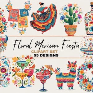 以下が含まれることがあります： Floral Mexican Fiesta 55 Designsというタイトルのデジタルクリップアートセット。ギター、パペルピカド、ダンサー、サボテン、ボトル、雄牛の頭蓋骨、ソンブレロ、シュガースカル、カクテル、ピニャータ、花輪のカラフルなイラストが描かれています。