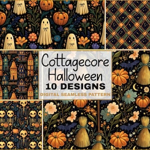 May include: A digital seamless pattern collection featuring ten designs with Halloween themes including ghosts, pumpkins, skeletons, houses, and brooms on dark backgrounds. The central text reads Cottagecore Halloween 10 DESIGNS DIGITAL SEAMLESS PATTERN.