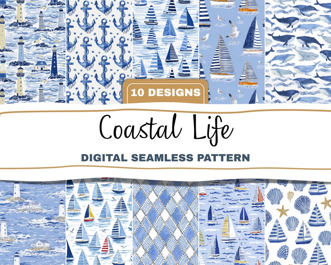 Simple Coastal Pattern Coastal Seamless Pattern Bundle Blue Nautical Designs Sailboats Digital ...