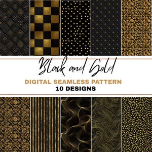 Puede incluir: Una colección de diez patrones digitales sin costuras en negro y dorado. Los diseños incluyen lunares, formas geométricas, florales y líneas abstractas. Se muestra el texto "Black and Gold" y "Digital Seamless Pattern 10 Designs".