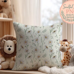 A decorative pillow with a floral pattern sits among various stuffed animals, including a lion, giraffe, and teddy bear, in a cozy setting.