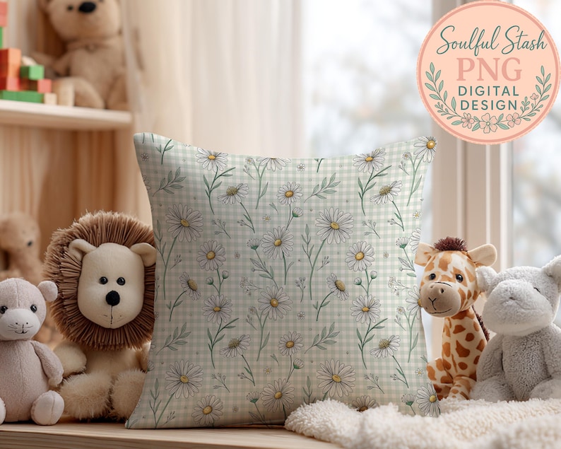 A decorative pillow with a floral pattern sits among various stuffed animals, including a lion, giraffe, and teddy bear, in a cozy setting.