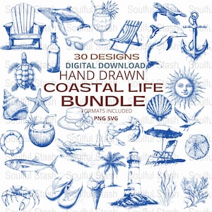 Op de afbeelding: Een set van 30 handgetekende illustraties van het kustleven in blauw en wit. De illustraties omvatten een verscheidenheid aan nautische en strandthema-elementen, zoals schelpen, zeesterren, ankers, vuurtorens, palmbomen en meer. De illustraties zijn perfect voor het maken van digitale ontwerpen, ambachten en andere projecten.
