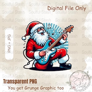 Santa Claus Playing Electric Guitar, Digital Download PNG Sublimation, Christmas Art Unique Santa Music, Musician Lover Gift
