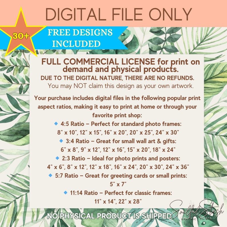 Pu&ograve; includere: File digitale con licenza commerciale completa per la stampa on demand. Include design gratuiti e formati di stampa popolari per una facile stampa a casa o tramite una tipografia. Nessun prodotto fisico viene spedito.