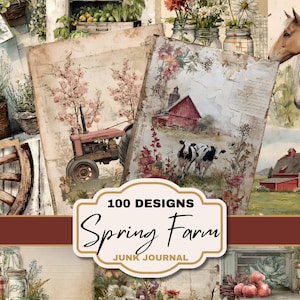 Puede incluir: Un collage de ilustraciones de estilo vintage con temática de granja. Las imágenes incluyen un tractor rojo, un granero, vacas, caballos y elementos florales. El texto "100 Designs Spring Farm Junk Journal" se muestra en una pancarta.