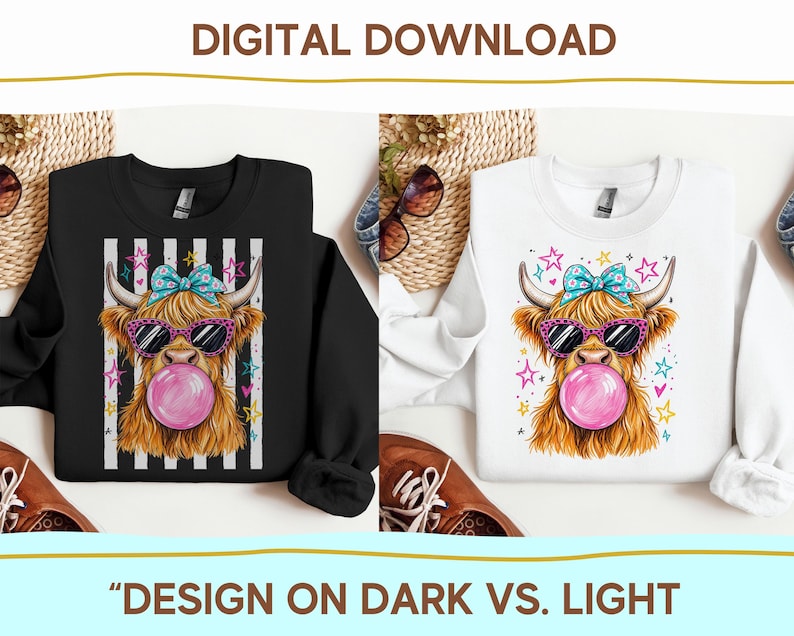 The image is a collage of two images, each featuring a different design of a cow with a bubble gum bubble. The cow design is colorful and playful, with a bubble gum bubble adding a fun and whimsical touch. The collage is titled "Digital download" and "Design on dark vs. light", suggesting a comparison between the two designs.